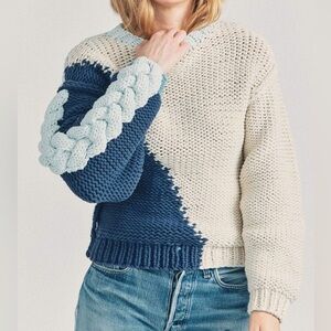 LoveShackFancy Blue and Cream Crew Neck Sweater